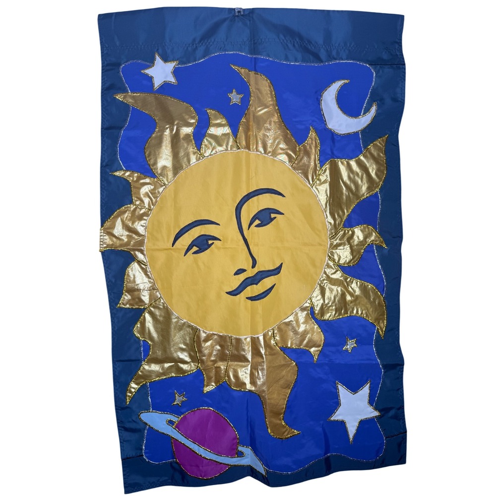 Vintage y2k Celestial Sun Moon Stars Saturn Garden Flag Metallic Blue Gold 27x42